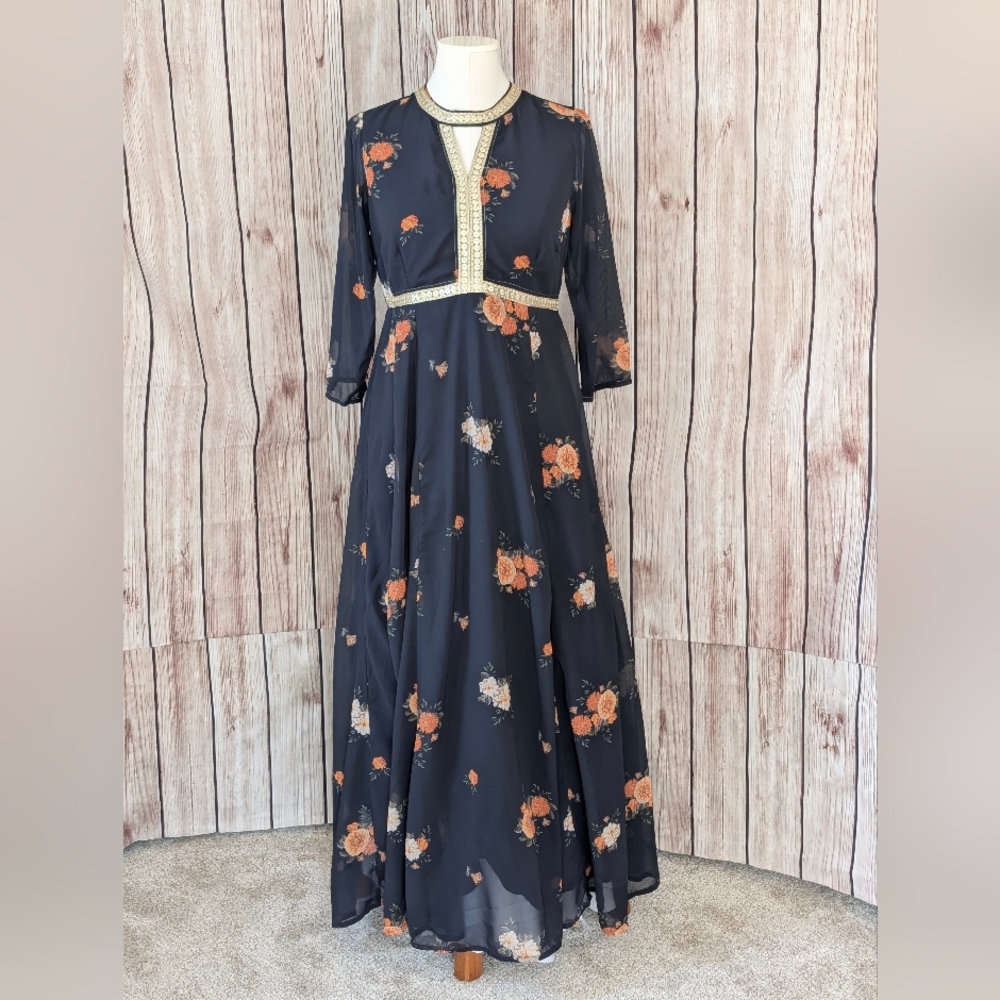 Navy Blue Floral Kurta Dress